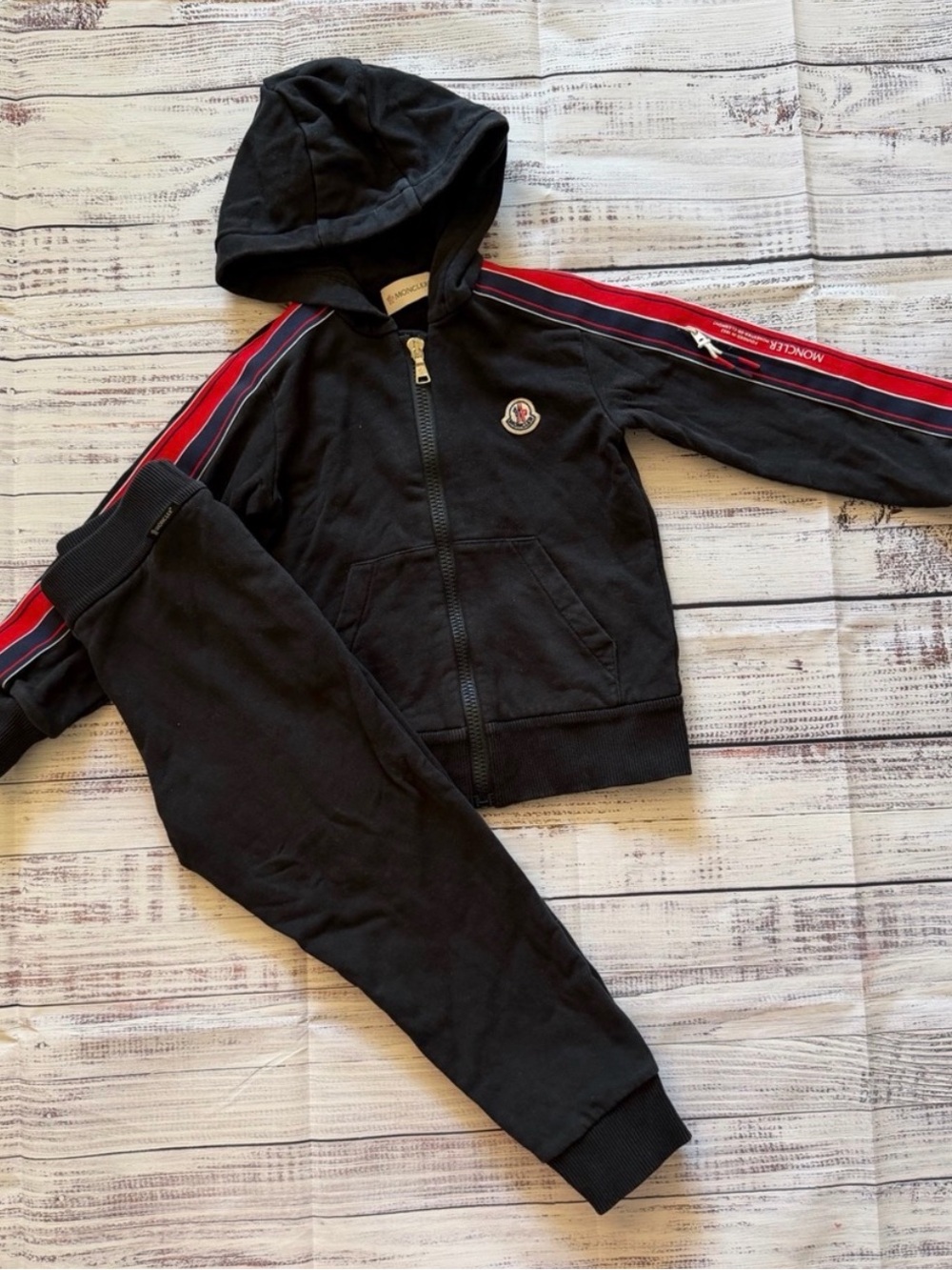 Moncler Kids Black Hoodie Tracksuit with Red Stripe